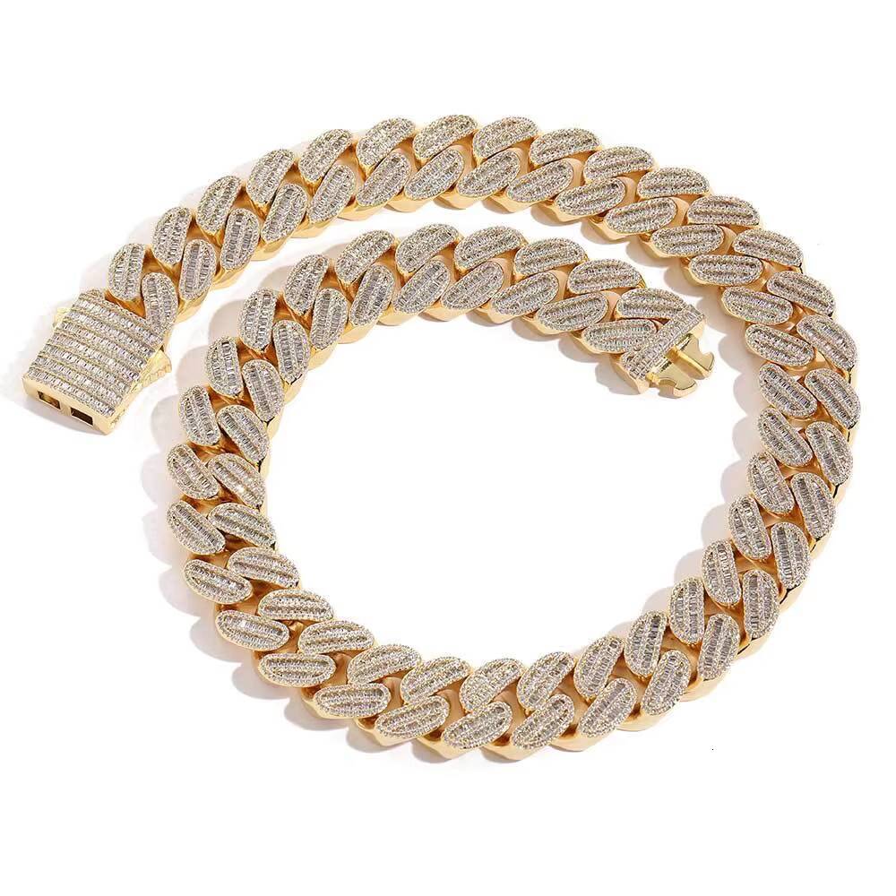 20mm Baguette Two Rows T Shape Bling Moissanite Gold Plated Cuban Necklace 925Silver Curb Link Chain for Wedding Gift Hip