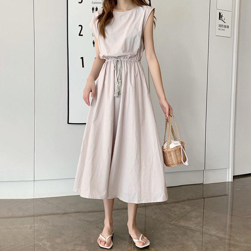 L3188 Literary Retro Dress Women's Summer Temperament Gentle Waist Loose Large Size Cotton and Linen Big Swing Skirt
