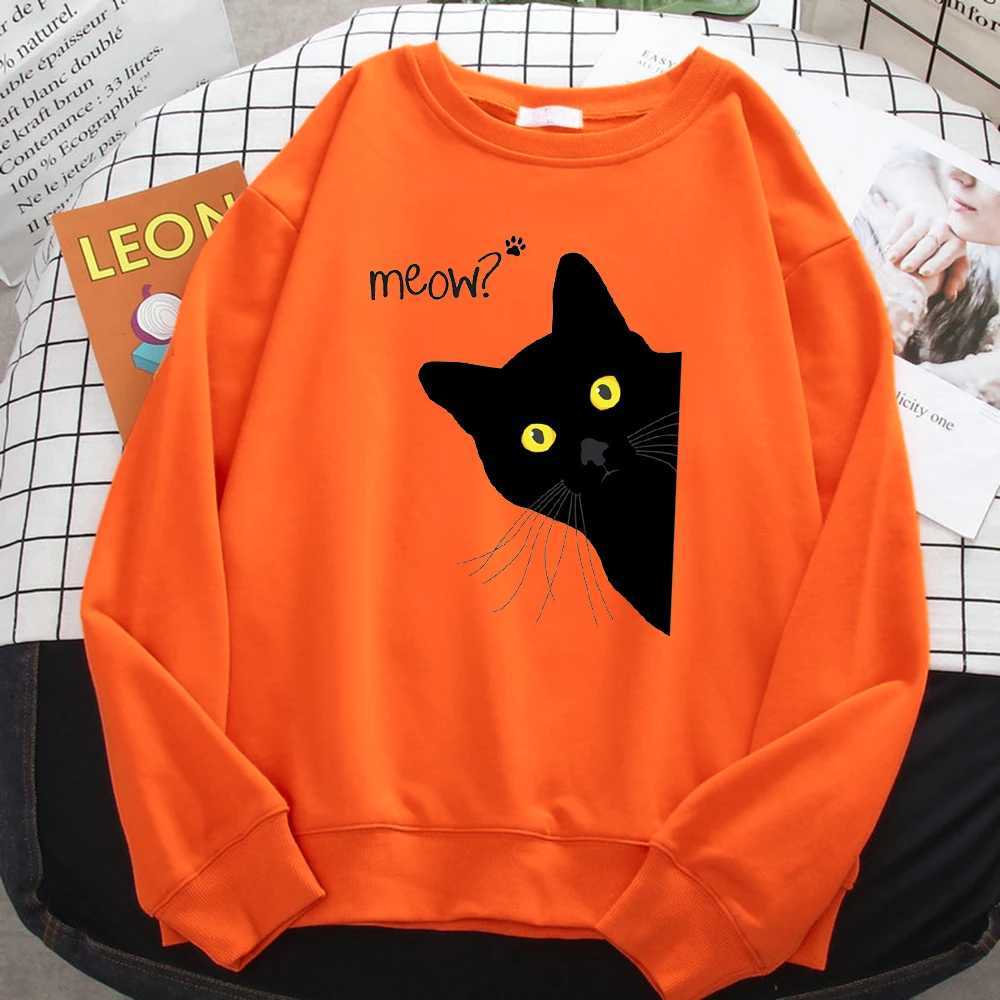 Winter Harajuku Woman Sweatshirt Meow Black Cat Printing Hoodies Comfortable AllMath Pullover Crewneck Loose Female ClothesZ250918