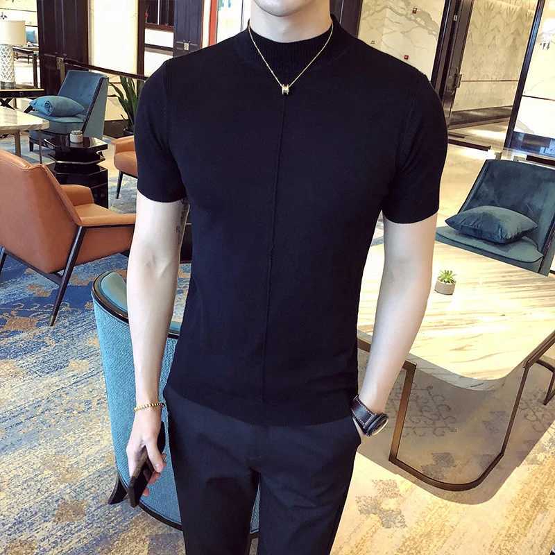 7 Colors Half High Collar Men Tshirt New 2024 Spring Short Sleeve Solid Color Sweater Pullover T Shirt Slim Knitted Tees TopZ250918
