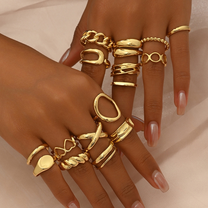 16 Pieces Thick Gold Stackable Rings for Women, Non-Tarnish, Open Stacking Rings, Knuckle Ring Set, Unique Niche - Designed Ring Set, Versatile