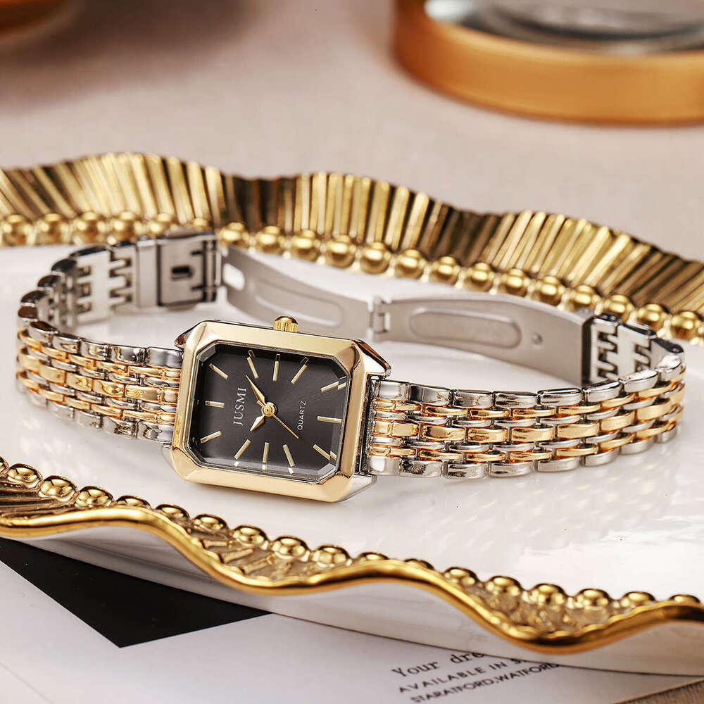 Fashionable and Exquisite Square Versatile Elegant Quartz Women's Watch Two-tone Alloy Strap Student Style