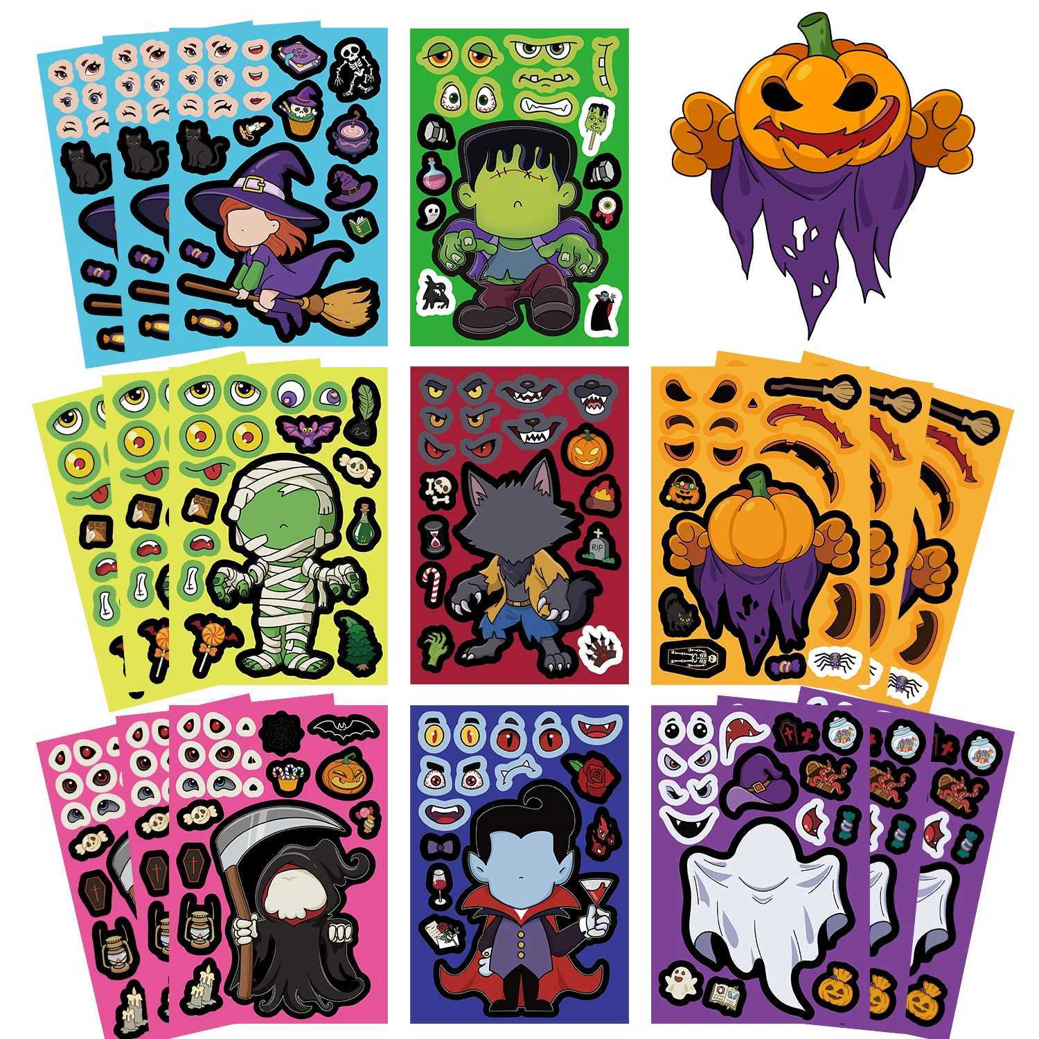 32Sheets Halloween Make a Face Puzzle PVC Sticker Kids Party Favors Gift Toy DIY Pumpkin Ghost Assemble Jigsaw Educational Game C250918