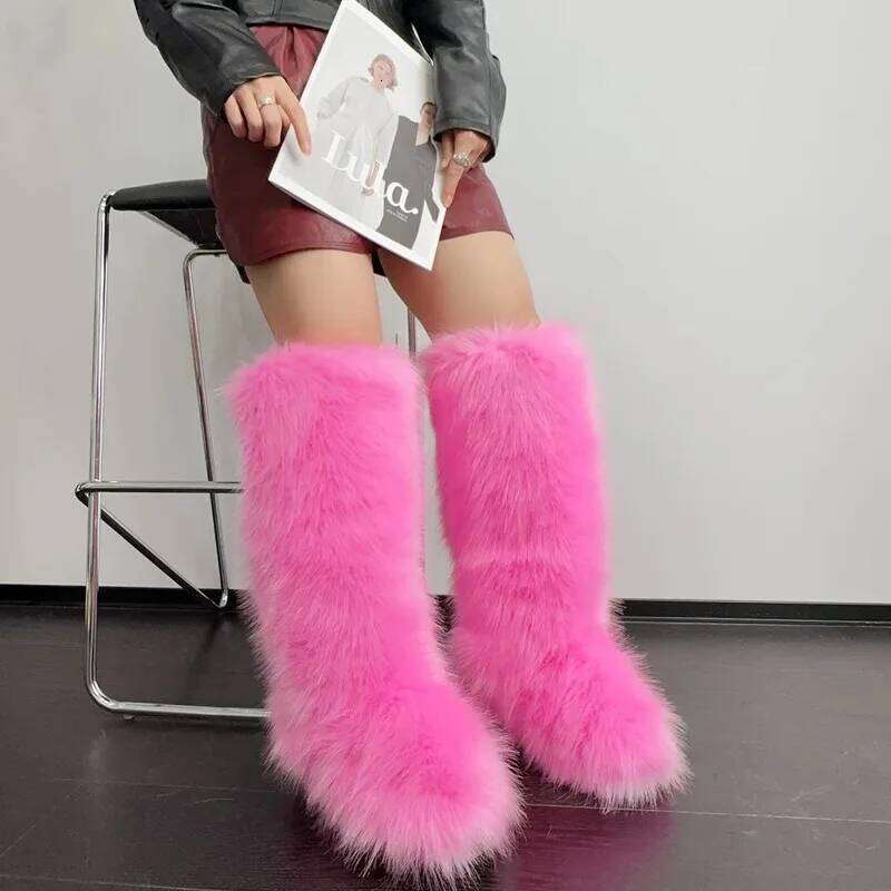 Womens Knee High Fuzzy Faux Fur Soft, Warm, and Comfortable Slip-on Design Furry Boots for Fall Winter