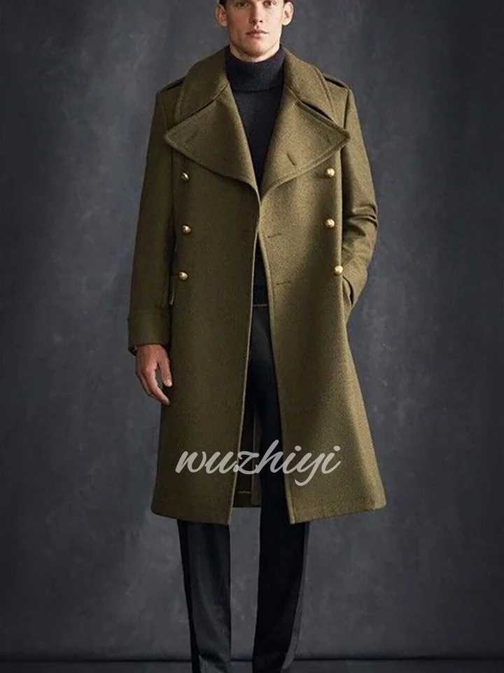 Vintage Man Trench Coat Long Mens Suit Jacket Woolen Blend Overcoat Outwear Groom Tuxedos Peaked Lapel Blazers Customized Z250918