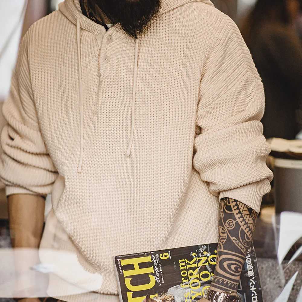 Maden Casual Henley Collar Knitted Hooded Sweatshirt Loose Solid Color Pullover for Mens Autumn and Winter Warm Versatile TopsZ250918