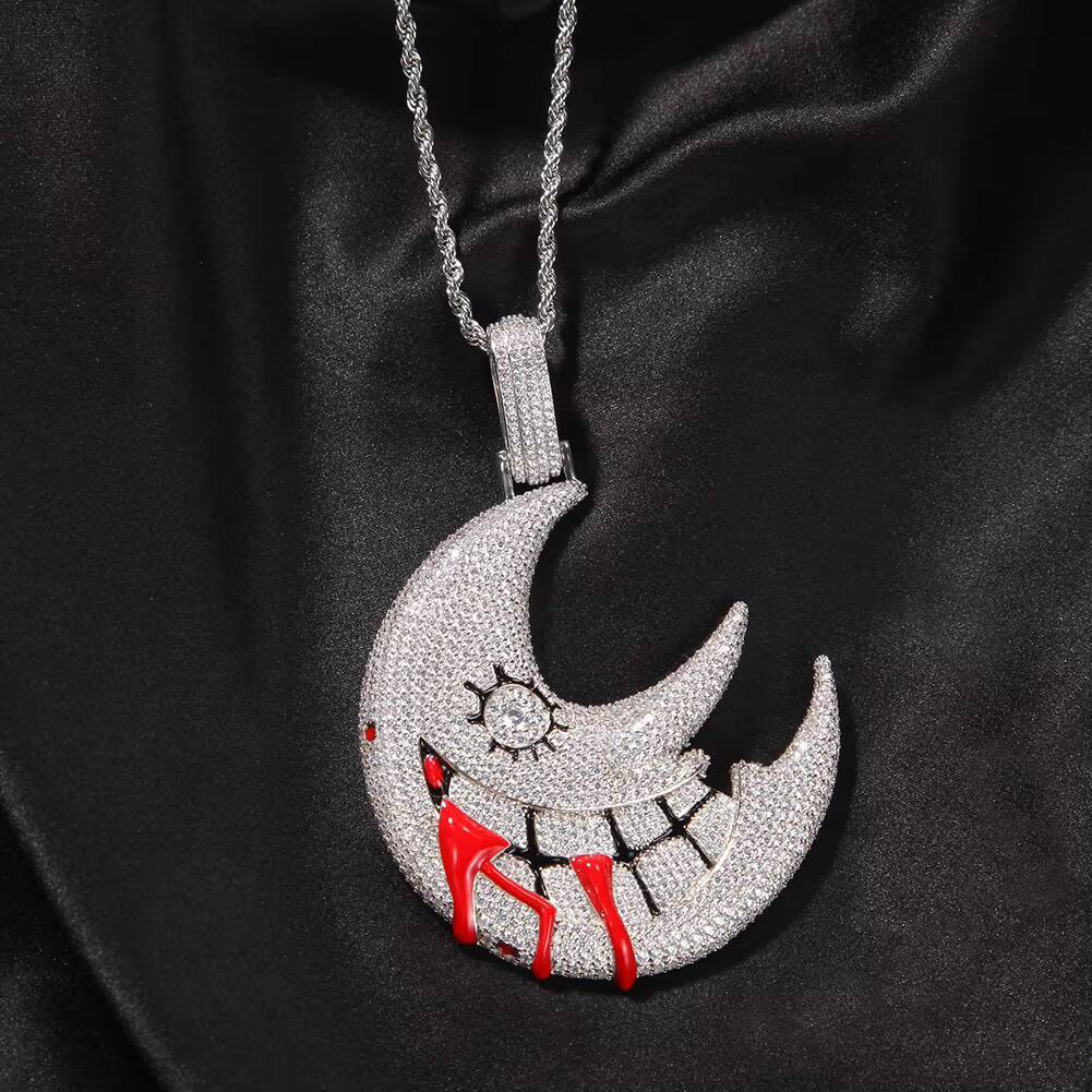 Hip Hop Iced Out Funny Moon Pendant with 3mm 24 Inches Rope Chain for Women Men Jewelry Necklace Trippie Redd Same Style