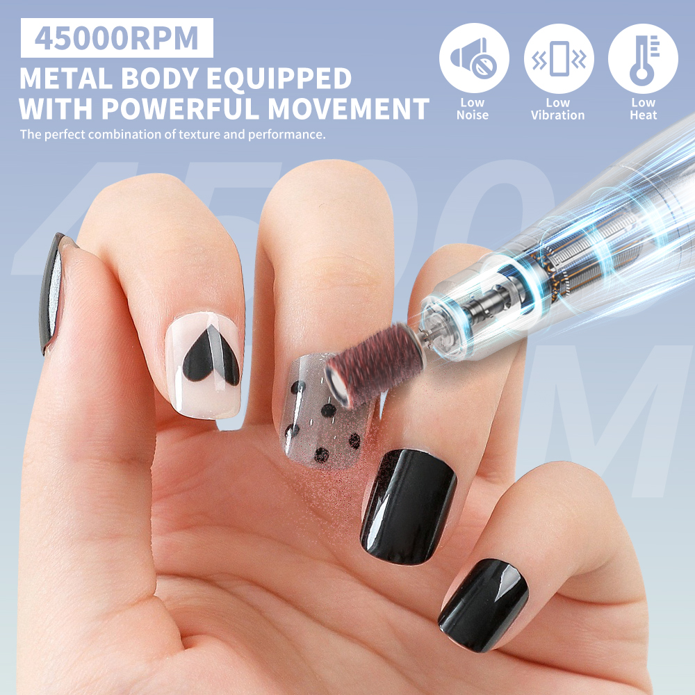 Professional Electric Nail Drill, 45000 RPM Cordless Rechargeable E-File Machine, with 12 Bits, Sanding Bands, LCD Display for Acrylic Gel Nails (DMJ-