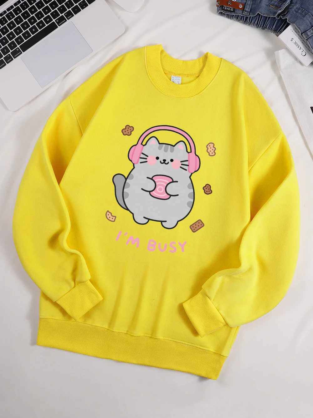 IM Busy Cute Cat Prints Hoodies Womens Comfortable Sweatshirts 2025 Autumn and Winter Hoodie Warm Casual Women ClothesZ250918