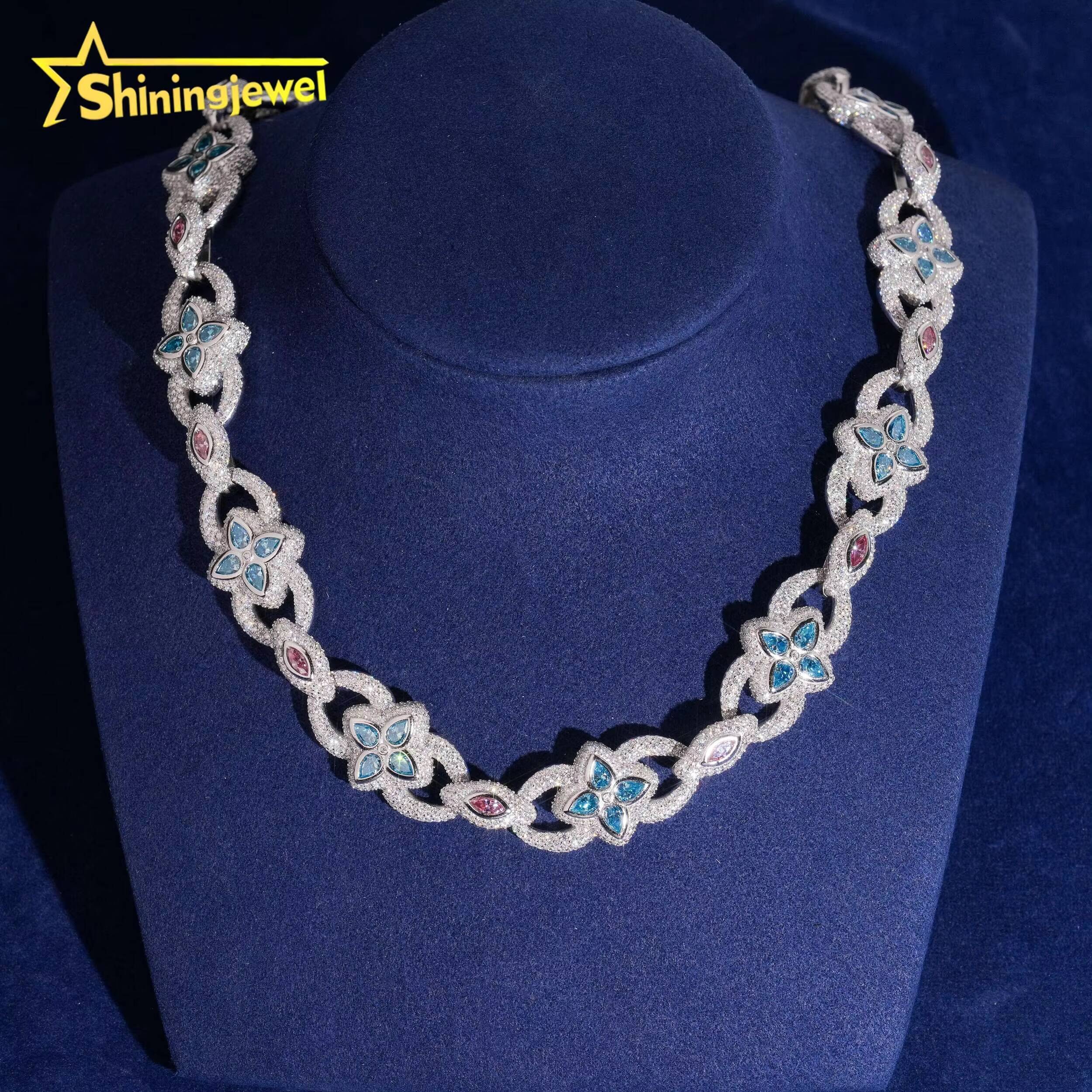 Fashion 20mm Blue VVS Moissanite Necklace 925 Silver Hip Hop Jewelry Iced Out Diamond Pink Marquise Cuban Link Chain Bracelet