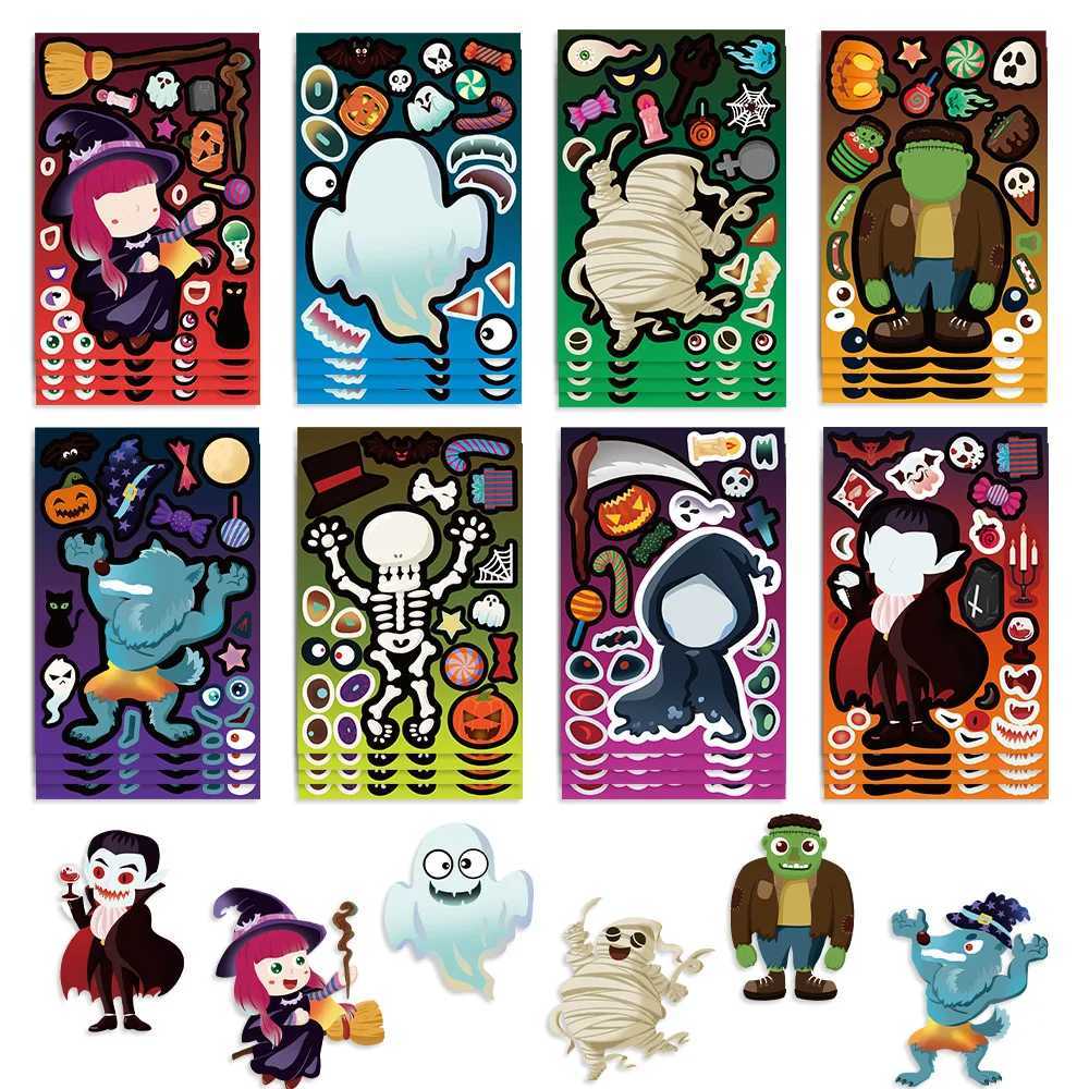 8Sheets Cartoon Halloween Party Puzzle Stickers MakeAFace DIY Assembly Childrens Puzzle Account Material Waterproof Stickers C250918