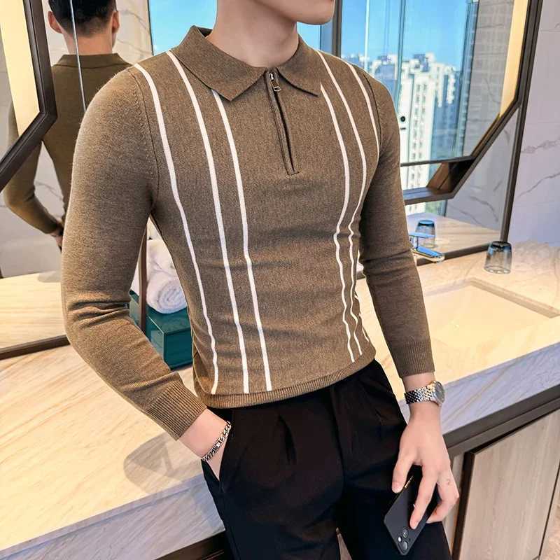 2024 Autumn Winter New Striped Sweater For Men Fashion Zipper Flip Collar Knitted Polo Shirt Mens Long Sleeve Slim Casual PullZ250918