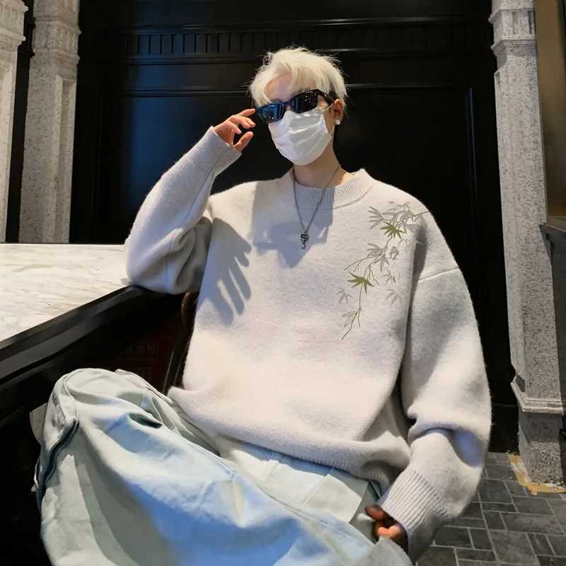 Mens Oversized Sweaters Autumn White Knitted Sweater 5XL Fahion Bamboo Print Casual Wear for Man Knit Pulloves Men ClothesZ250918