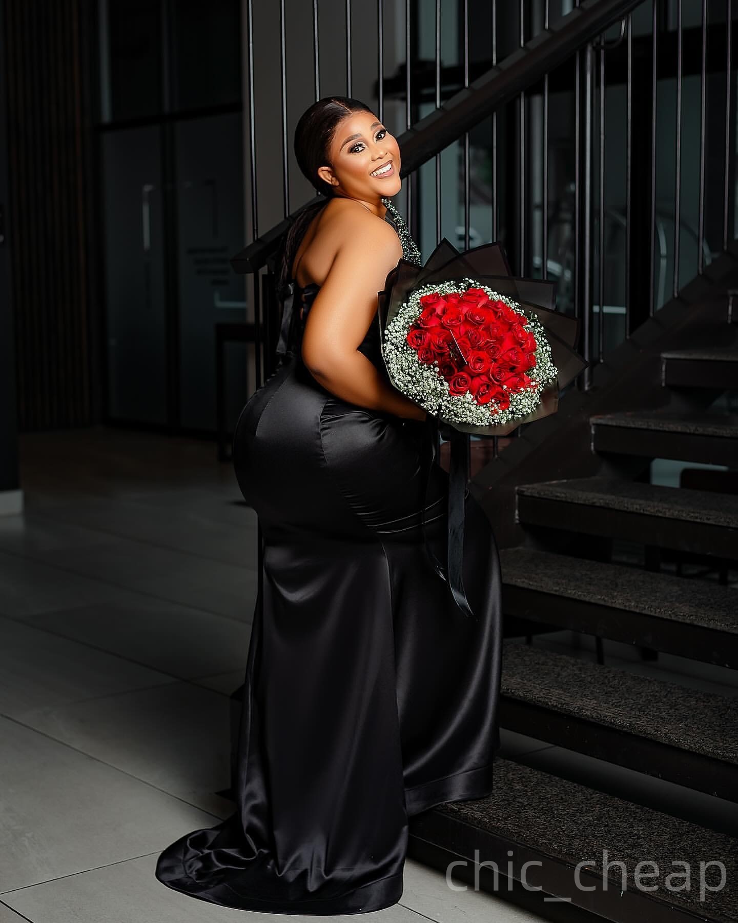 Mermaid Black Prom Dresses 2025 Pearls Beaded Satin Strapless Evening Formal Party Second Birthday Engagement Gowns Plus Size Dress For Special Occasi