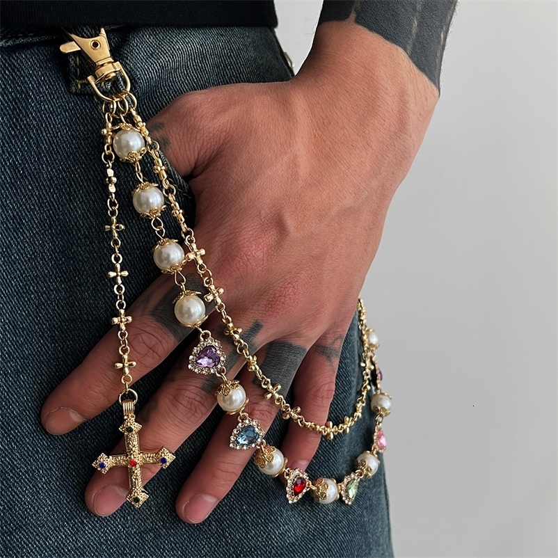 Salircon Exquisite Cross Pendant Imitation Pearl Keychain Belt Chain Men Women Punk Trousers Jeans Chain HipHop Jewelry 250917 - view 8
