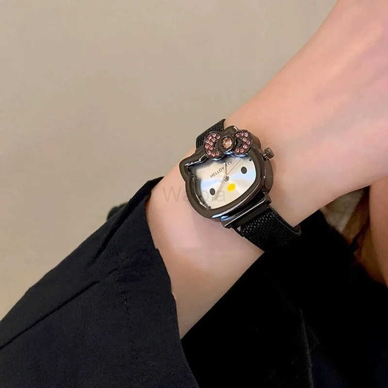 Sanrio Hello Kitty Diamond Watch Cat Bow Kawaii Pink Ladies Gold Sliver Metal Jewelry Cartoon Magnetic Watch Girlfriend Birthday L250918