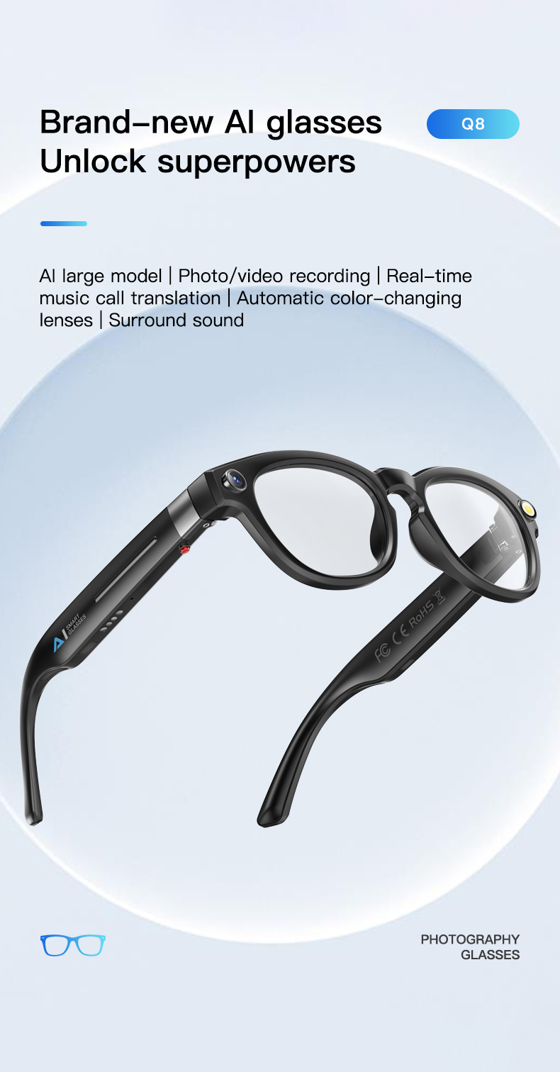 AI Smart Sunglasses with 4K HD 8MP Camera AI Assistant Translation Bluetooth Glasses for Women Men Q8