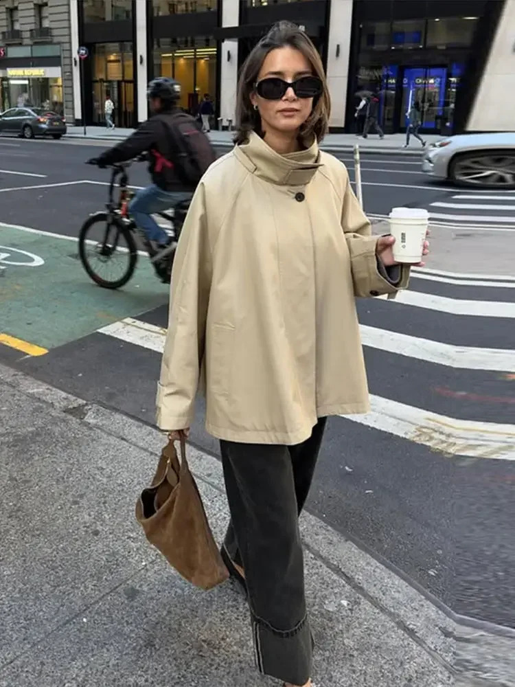 Retro Loose High Neck Zipper Trench Women Casual Khaki Single Button Short Jackets Female 2025 Chic Versatile Street Outwear 250918