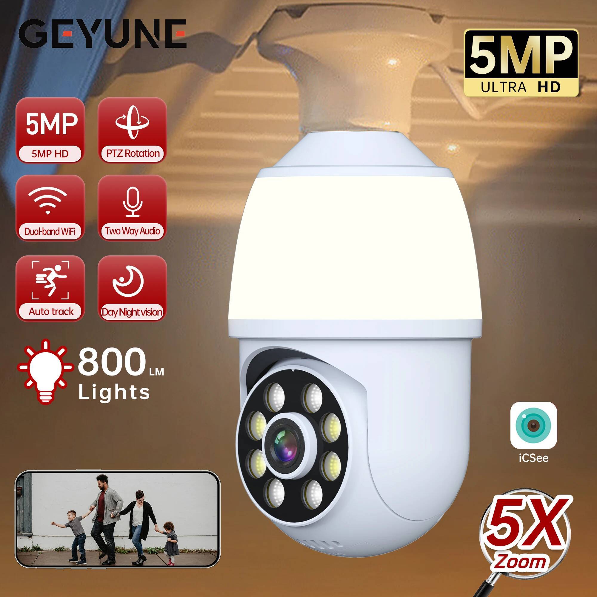 5Mp E27 Camera Wifi Surveillance With LED Bulb PTZ 10X Zoom Ai Human Tracking Two-Way Audio Night Vision Wireless Cam ICSEE