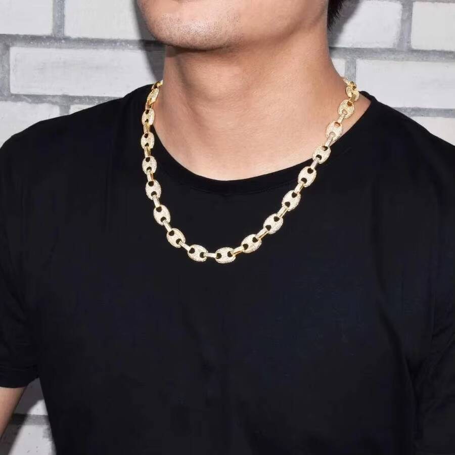 Wholesale 12mm Full Iced Out Coffee Bean Gold Chain Lad Diamond Pig Nose HipHop Necklace