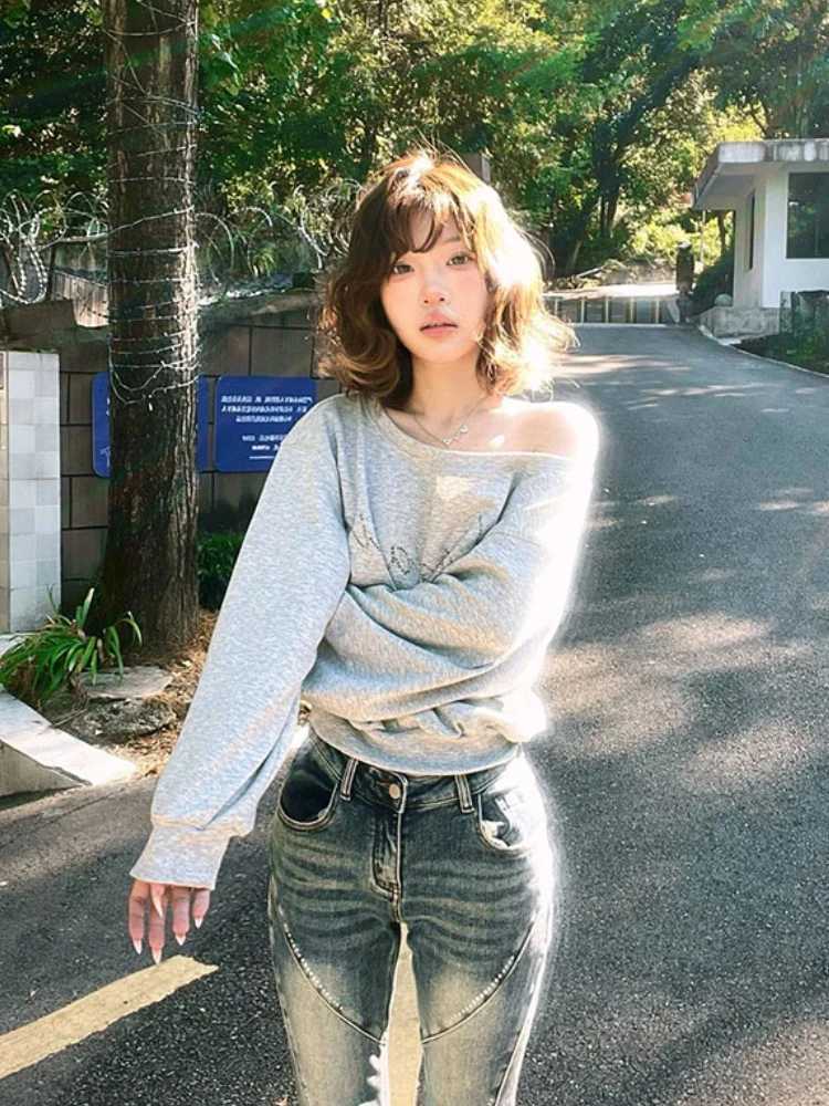 Y2k Sweatshirts Women Off Shoulder Loose Casual American Vintage High Street Aesthetic Streetwear Spring Autumn Daily HoodieZ250918