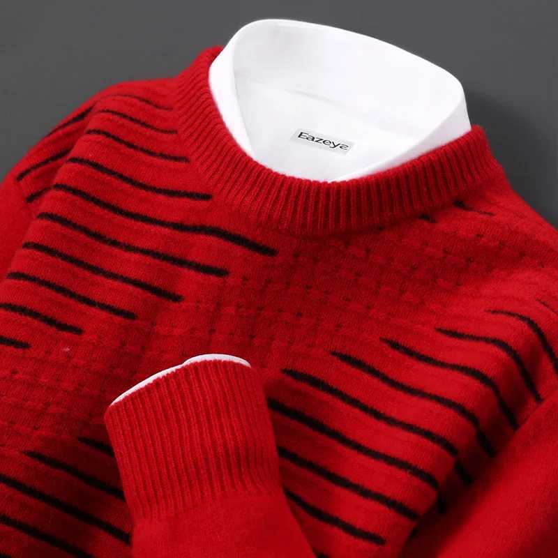 100 Merino Wool Sweater Mens Oneck Jacquard Stripe Pullover Autumn Winter Smart Casual Long Sleeve Jumper Cashmere Thick TopZ250918