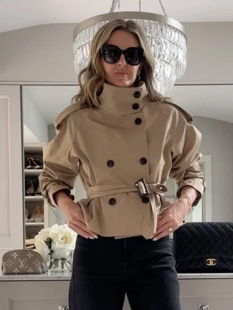 Fashion Solid Womens Cropped Trench with Belt Casual Long Sleeve Stand Collar Female Jackets 2025 Autumn Lady Coats Street 250918