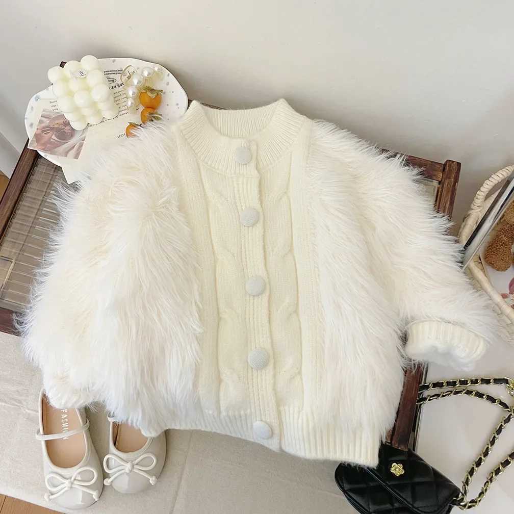 Girls Knitted Cardigan Autumn Winter New Childrens Fashion Faux Mink Fur Top Korean Version Sweater Jacket for Little Girls L250917