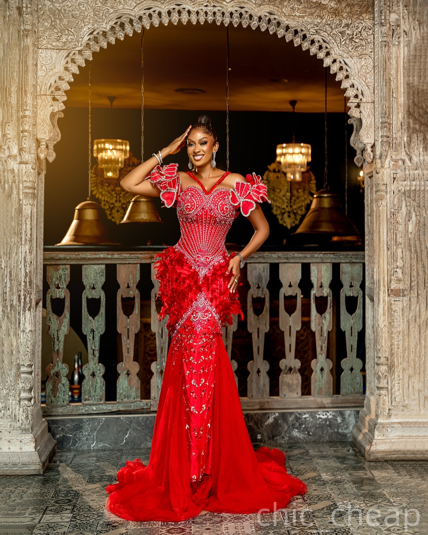 Red Mermaid Prom Dresses 2025 Feather Crystals Flowers Luxurious Evening Formal Party Second Birthday Engagement Gowns Plus Size Dress For Special Occ