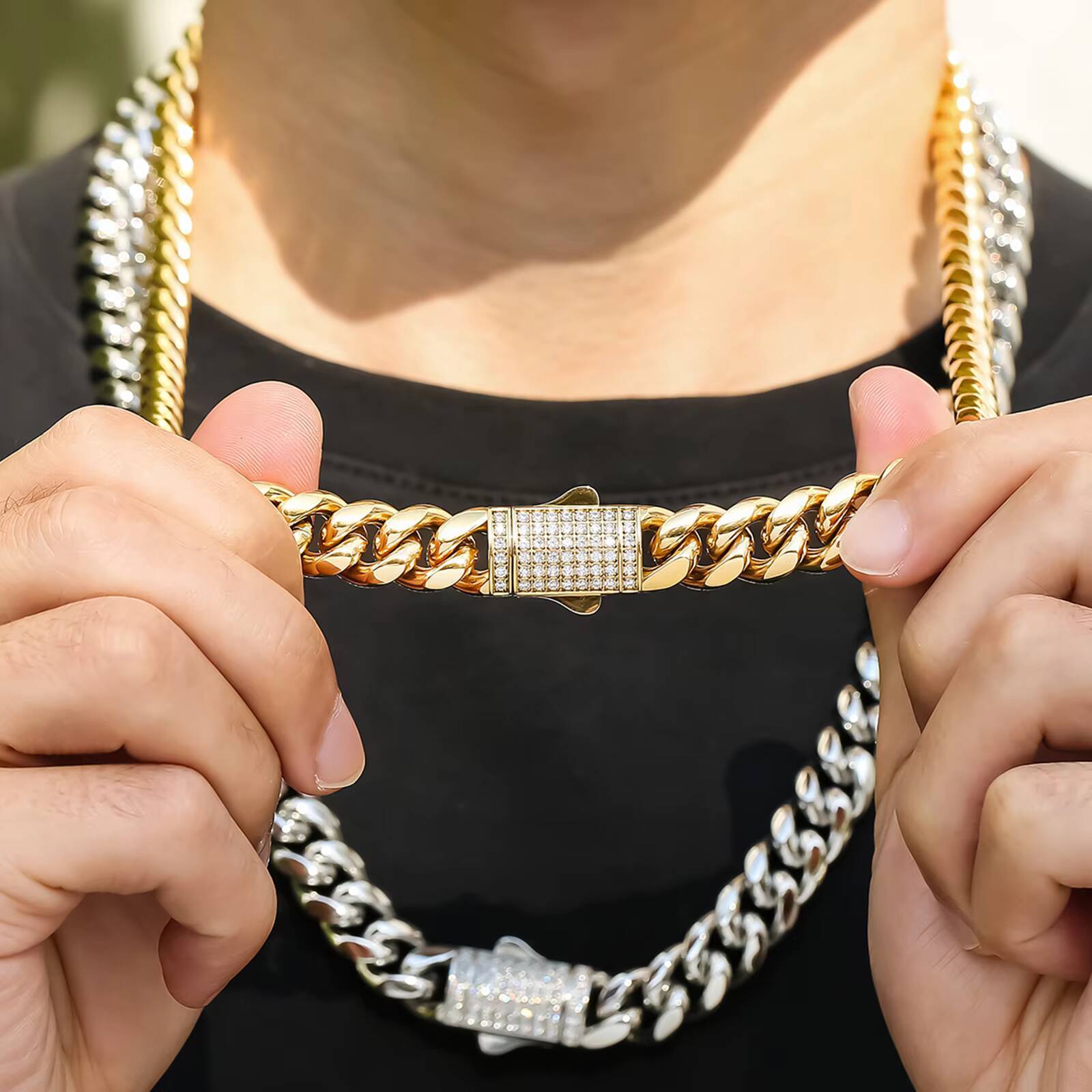 12mm Iced Out Gold Curb Necklace Jewelry Diamond Bling 5A Moissanite Clasp Thick 18K Stainless Steel Men Bracelet Miami Cuban Link Chain