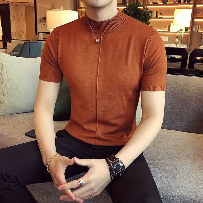 7 Colors Half High Collar Men Tshirt New 2024 Spring Short Sleeve Solid Color Sweater Pullover T Shirt Slim Knitted Tees TopZ250918