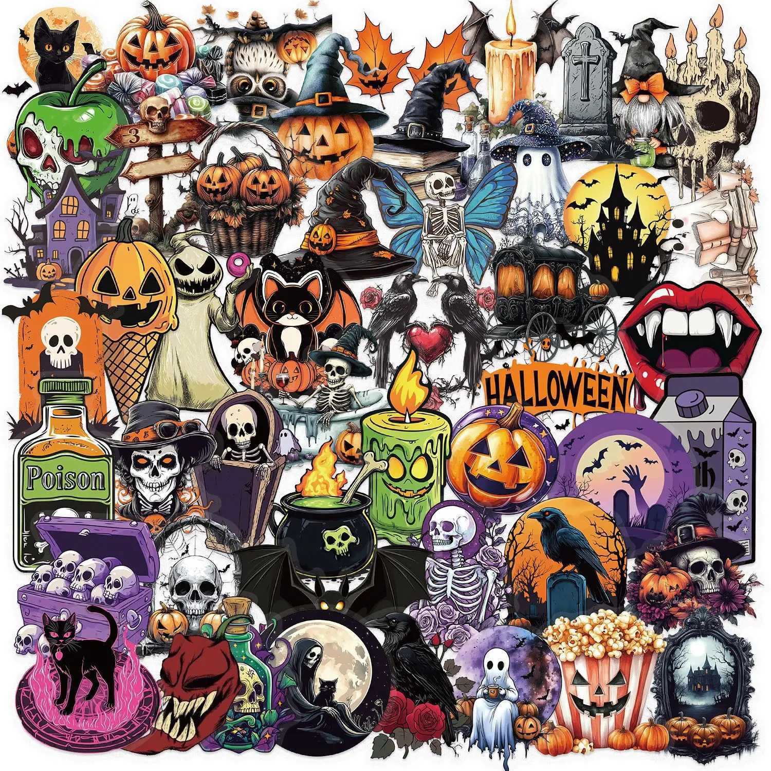 50100150PCS Cartoon Halloween Sticker Stationery Decal Waterproof Transparent PET Guitar Laptop Phone Laptop Decor Stickers C250918