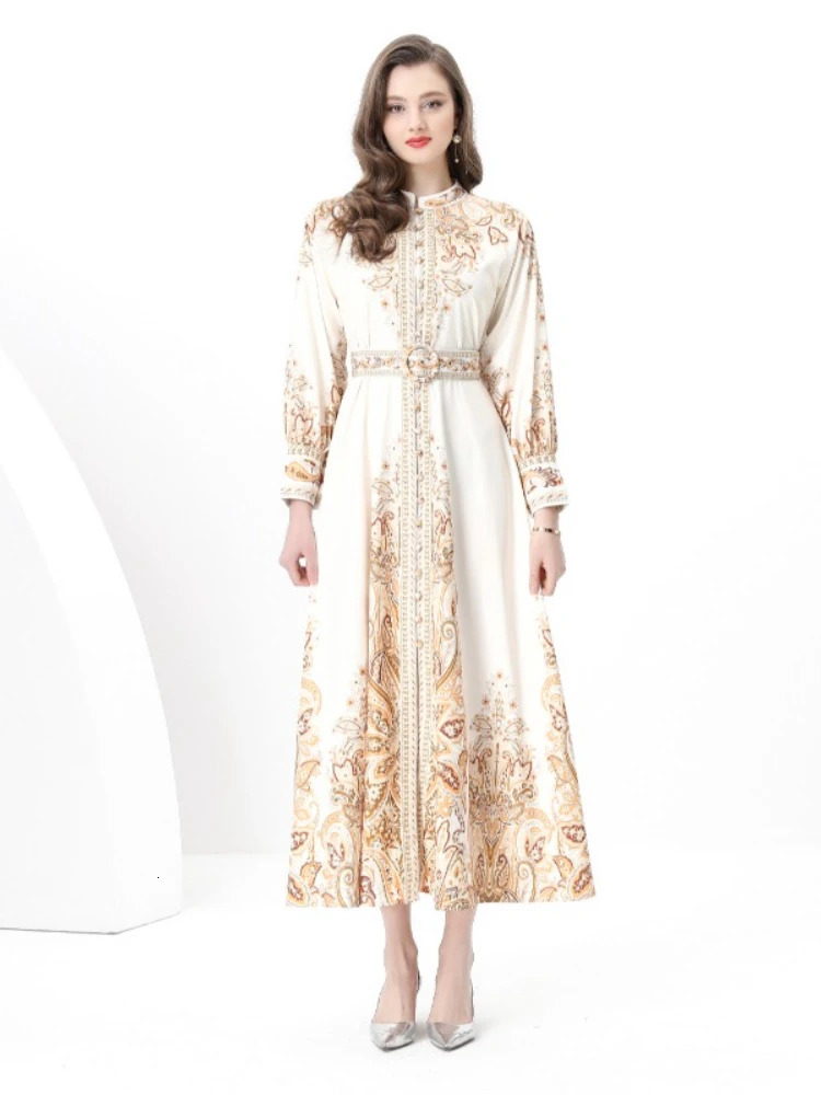 Spring France Elegant Vintage Evening Dress Women Print Sashes Button Long Party Dress Female Festival Clothing 250917