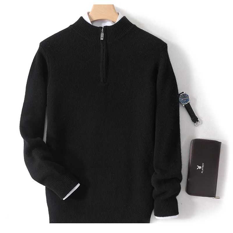 Mens Autumn Winter 100 Merino Wool Cashmere HalfZip HalfHigh Neck Pullover Stylish Casual Sweater HighQuality Classic KnitZ250918