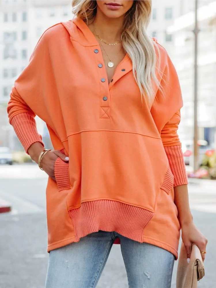 Casual Loose White Women Sweatshirt Autumn Winter Vneck Hooded Batwing Sleeve Hoodie Threaded Splicing Top For Women PulloversZ250918