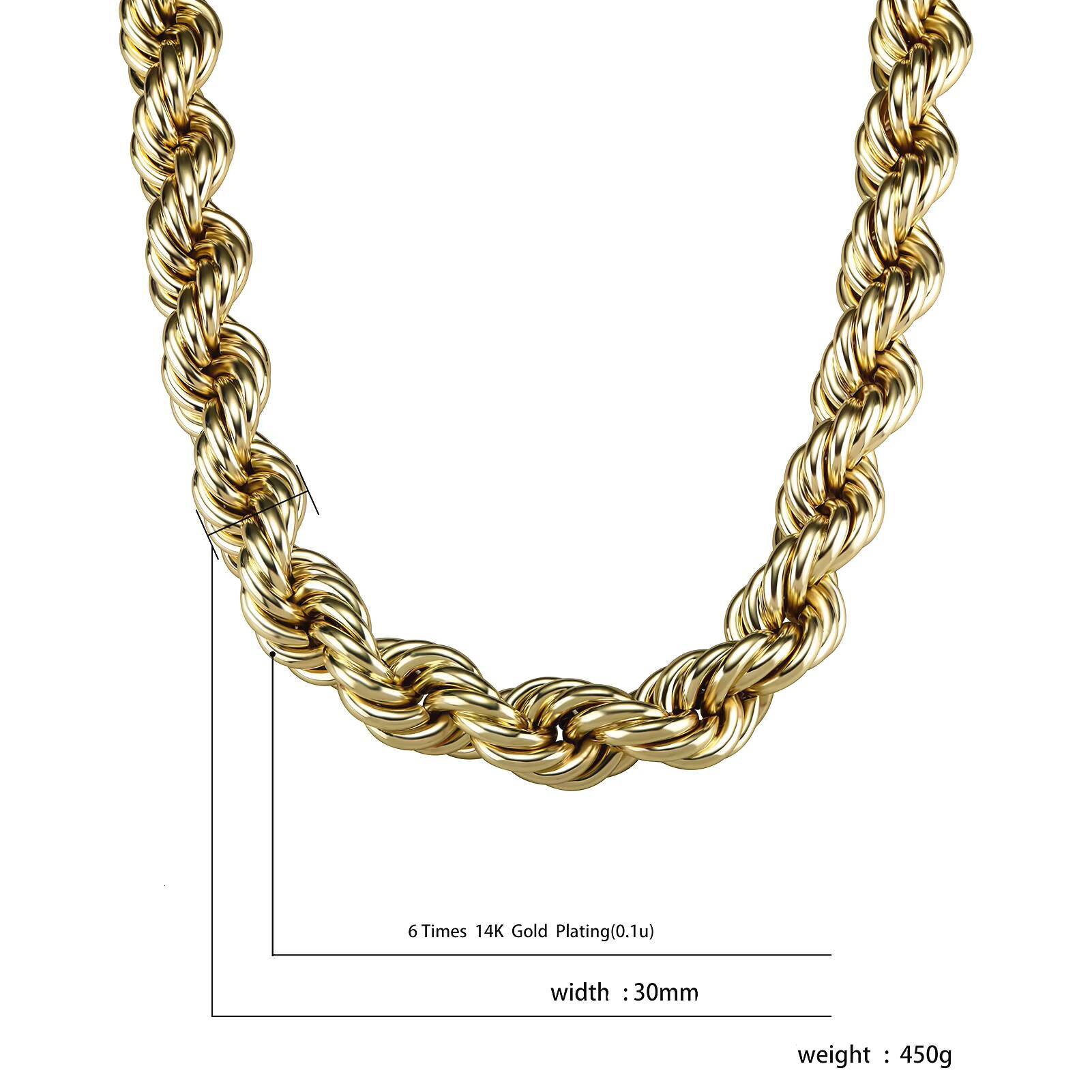 Hip Hop 30MM 14K Gold Plated Rope Chain Oversize Rope Chain for Men Gold Chain Necklace