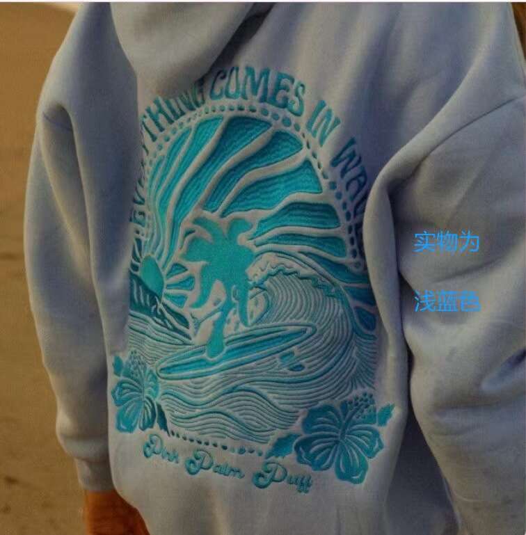 Professional Embroidery Cross-Border European Size Drop Shoulder Sleeve Ribbed Coconut Wave Pattern Hoodie Sweatshirt Jacket