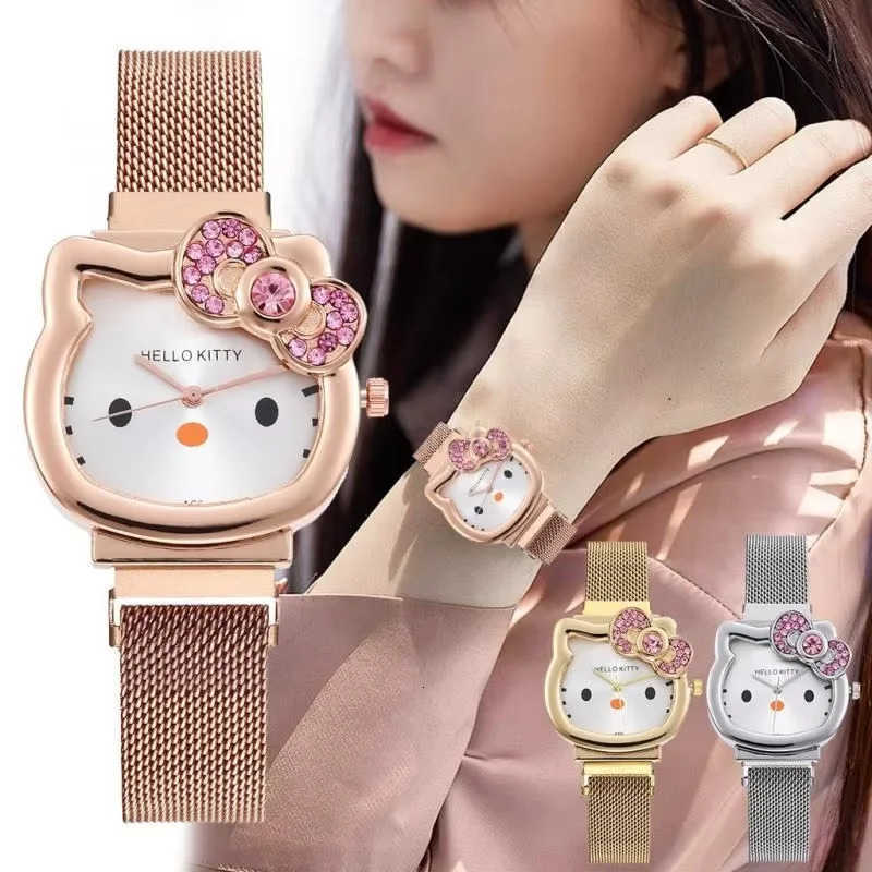 Sanrio Hello Kitty Diamond Watch Cat Bow Kawaii Pink Ladies Gold Sliver Metal Jewelry Cartoon Magnetic Watch Girlfriend Birthday L250918
