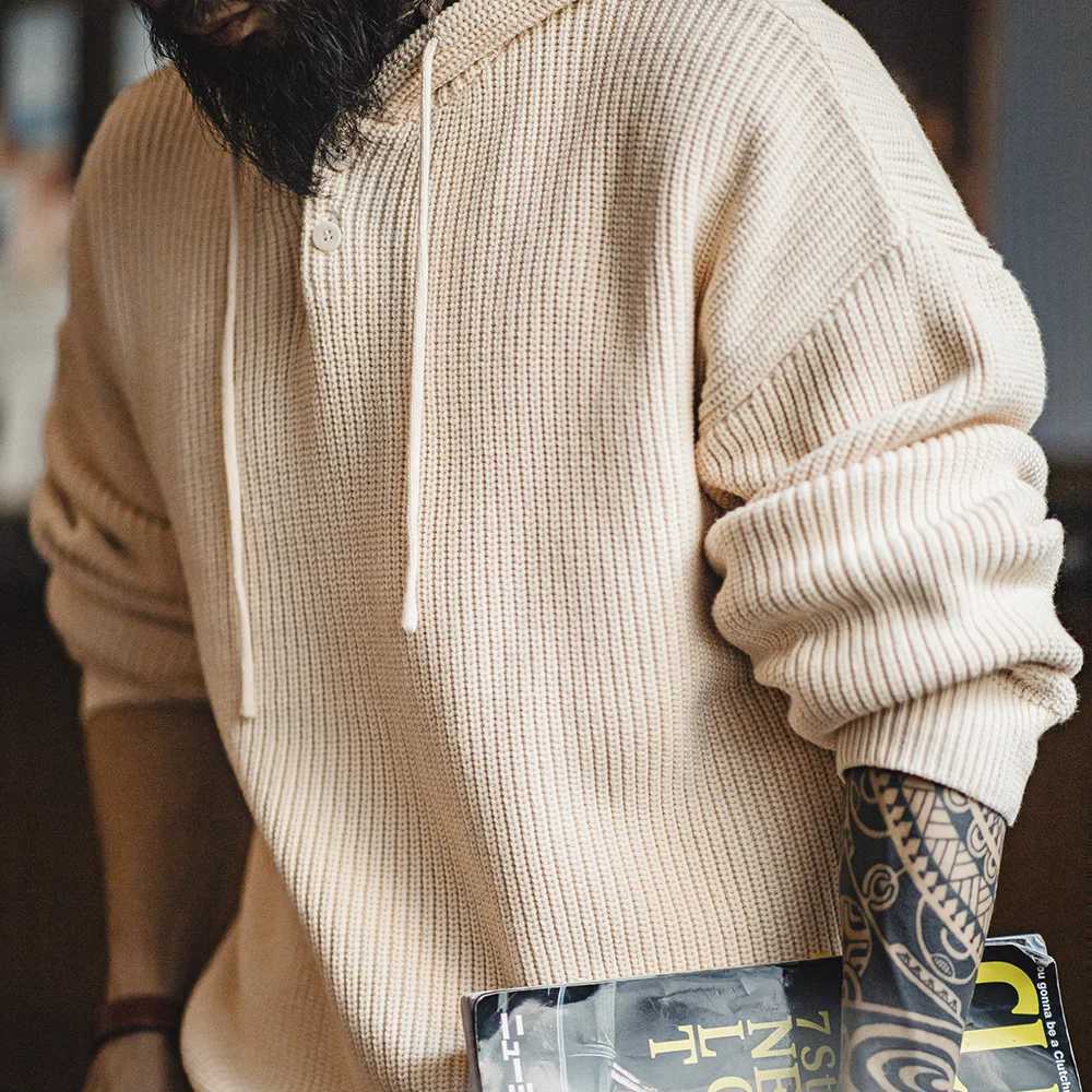 Maden Casual Henley Collar Knitted Hooded Sweatshirt Loose Solid Color Pullover for Mens Autumn and Winter Warm Versatile TopsZ250918