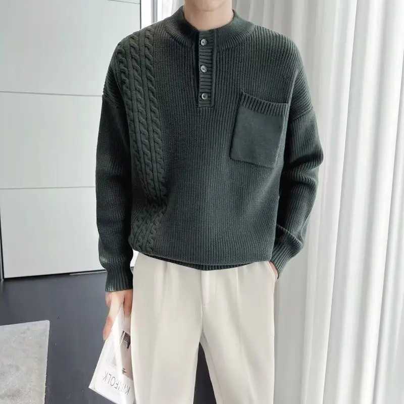 Knitwear with Pockets Mens Knit Sweater Solid Color Pullovers Male Loose Fit Top Long Sleeve Korean Style Clothing Deals 2024Z250918
