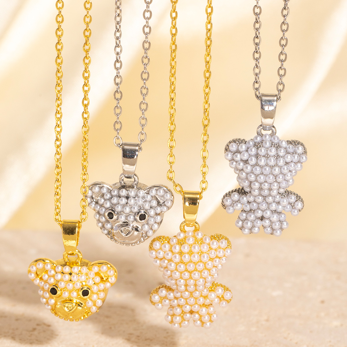 Jewellery Necklace Designer High Quality Textured Silver Toned Teddy Bear Head Pendant with Pearl Accents Delicate Cute Daily Wear Stylish Gift for Women