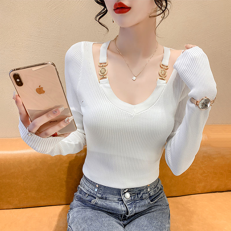 Pure desire for wind V-neck T-shirt bottoming shirt Women's Joker Spring and Autumn Westerns Joker Long-sleeved chic top design sense of niche