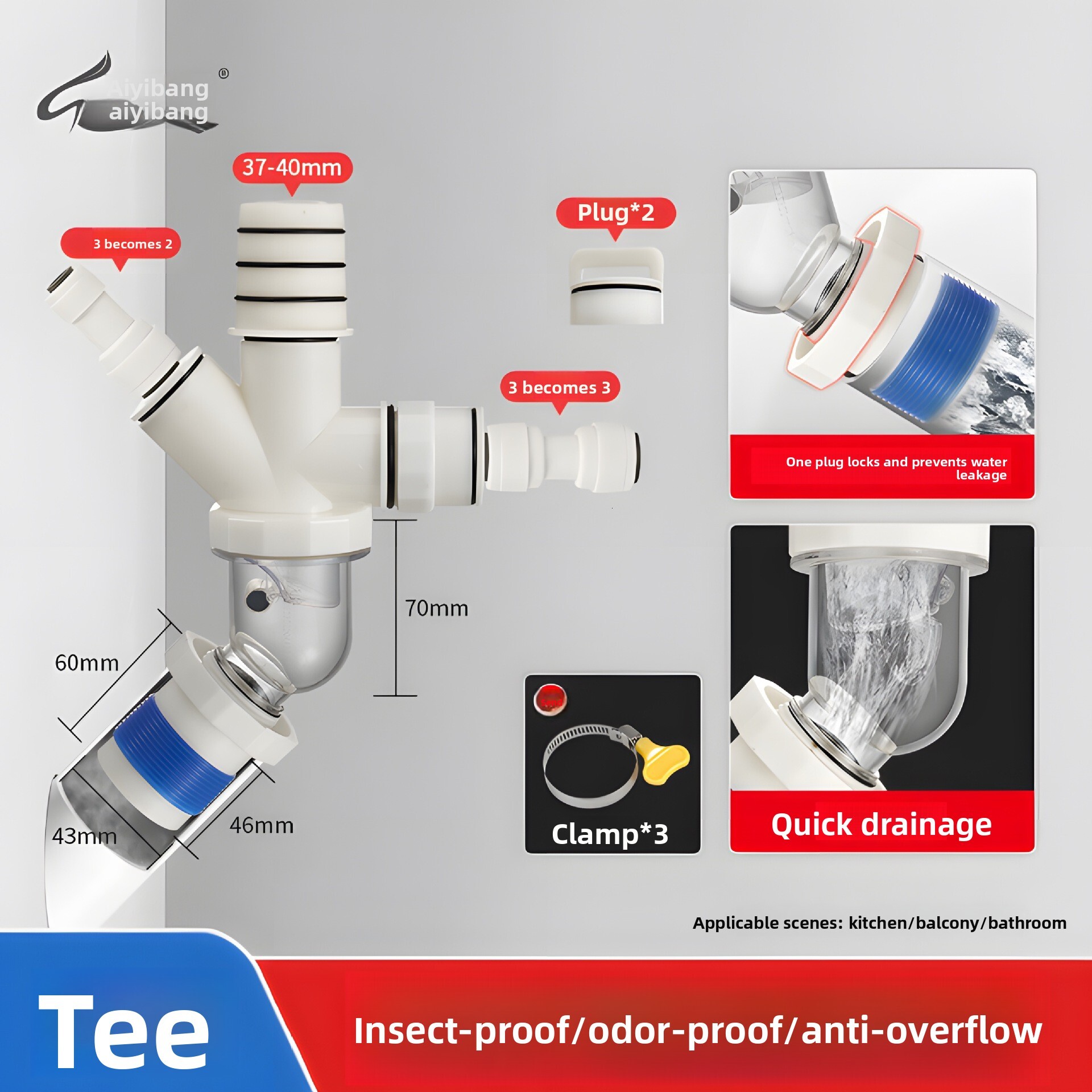 45 Degree Wall Three-Way Connector Special Anti-Odor Artifact Kitchen Drain Pipe Seal Plug