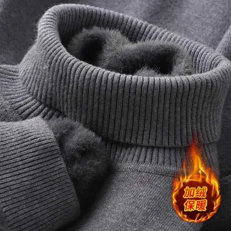 Mens Fleece TurtleneCK Knitted Sweater High Collar Pullover Male FleeceLined Lightweight Ribbed Solid Blouse SweaterZ250918
