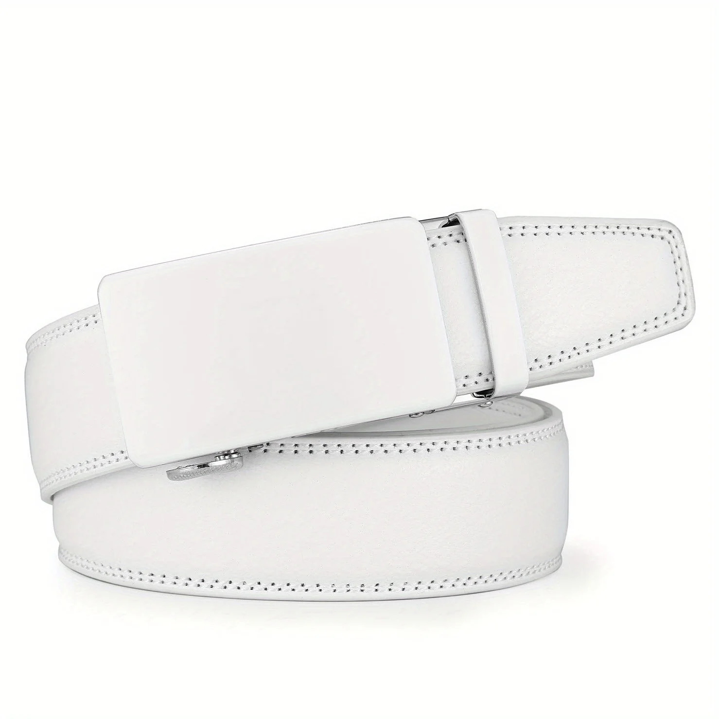 White Leather Mens Belt Ratchet Dress with Automatic Buckle Trim To Fit35mm Wide 250917