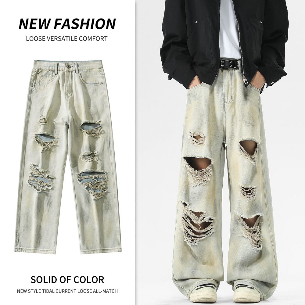 Men's Jeans Autumn and Winter New Arrival - Sickle - cut Dirty Streetwear Trousers with Burn and Ripped Details