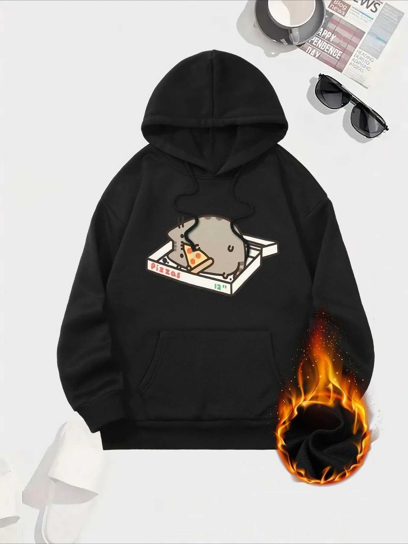 Cat and Pizza Cartoon Print 2025 Autumn Winter Womens Hoodie Top Round Neck Long Sleeve New Womens Sweatshirt ClothingZ250918