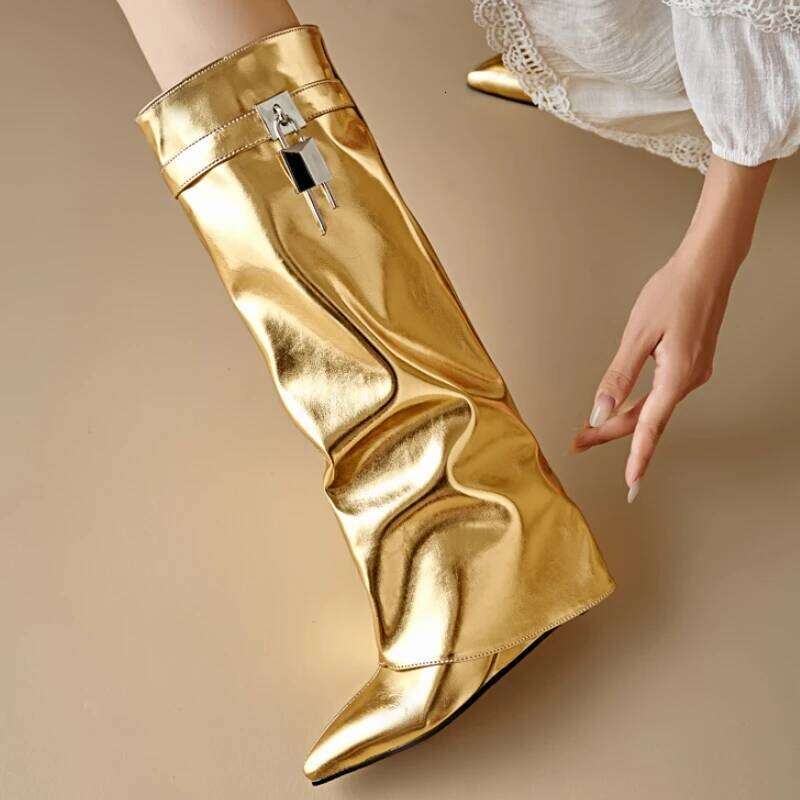 Sexy Wedge Knee High Boots for Women Turned-over Sier Gold Long Boot Heels Party Shoes Lady Big Size 48 Footwear