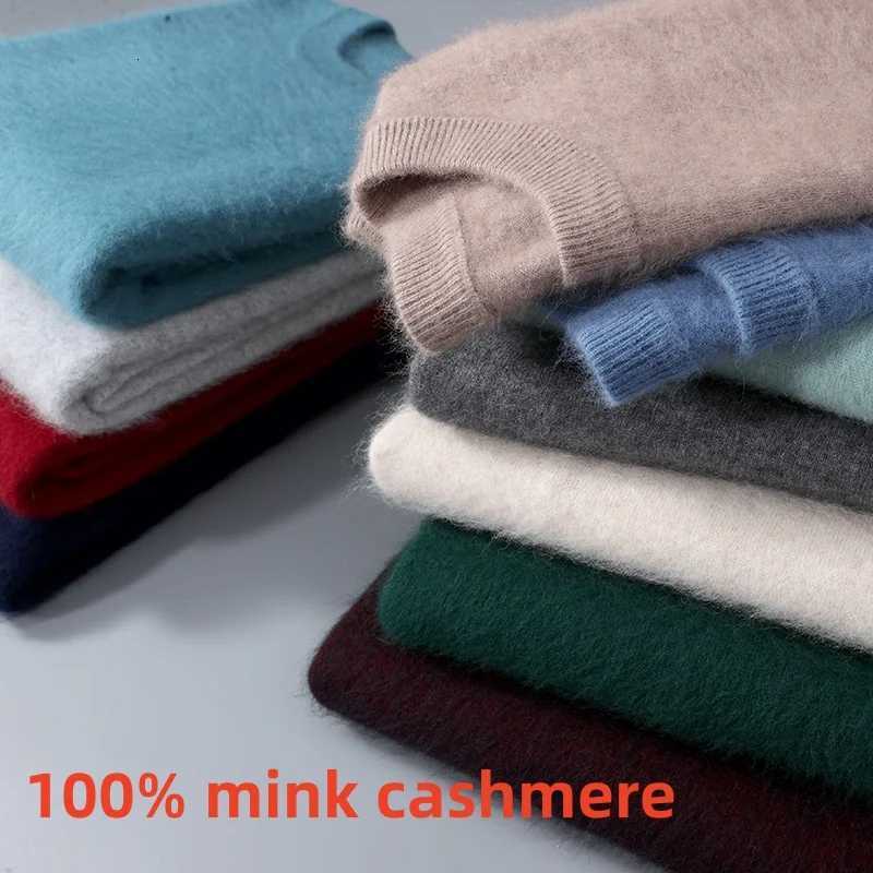 Mens Round Neck 100 Mink Cashmere Sweater Men 2024 Autumn and Winter Large Size Loose Knitted Sweater Keep Warm Top Men JumperZ250918