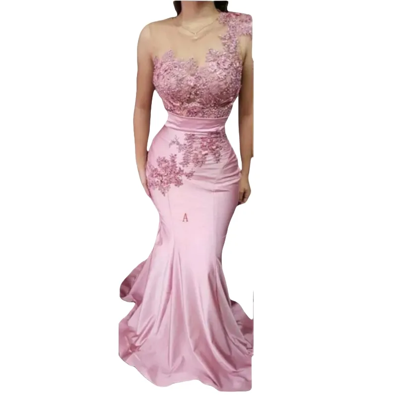 Sheer One Shoulder Pink Mermaid Bridesmaid Dresses Lace Appliques Sequins Beaded Satin Wedding Guest Gowns Prom Party Dress
